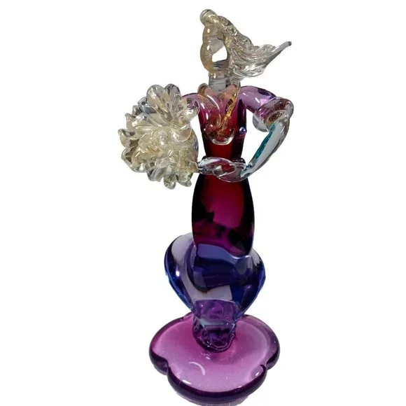 Vintage XL Murano Glass Woman Flower Bouquet Figurine Green Purple Pink 24k Gold - Picture 12 of 14